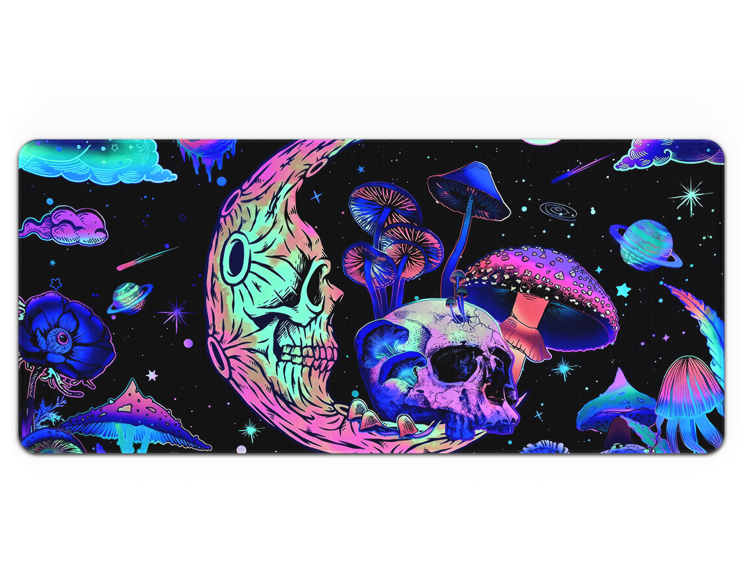 Colorful mousepad, neon, crescent moon skull, galaxy, stars, planet, mushroom