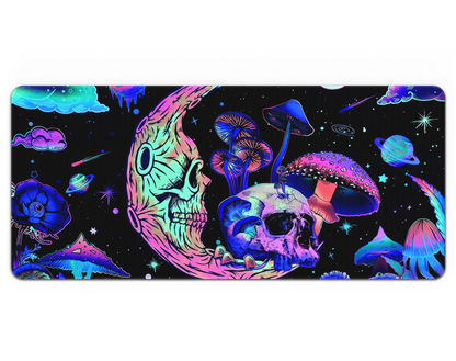 Colorful mousepad, neon, crescent moon skull, galaxy, stars, planet, mushroom