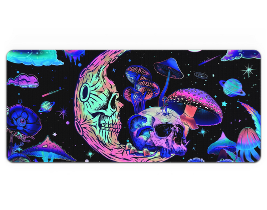 Colorful mousepad, neon, crescent moon skull, galaxy, stars, planet, mushroom